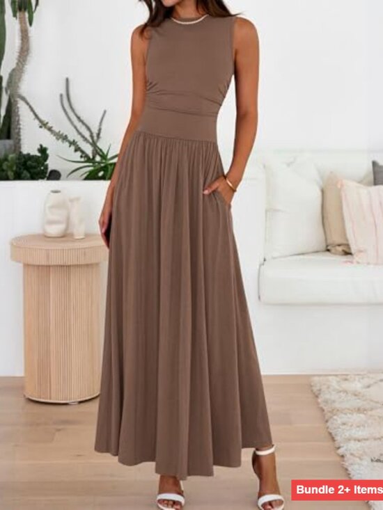 Sleeveless Maxi Dress Ruched High Waist Flowy Casual Beach Sundress - Picture 2 of 7